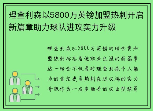 理查利森以5800万英镑加盟热刺开启新篇章助力球队进攻实力升级